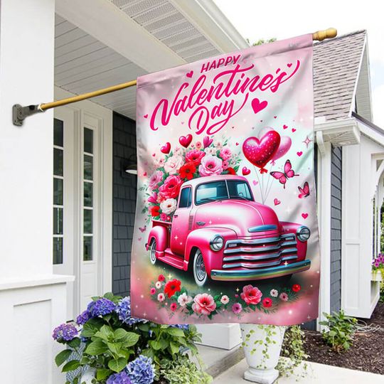 FLAGWIX  Happy Valentine's Day Pink Truck Flag