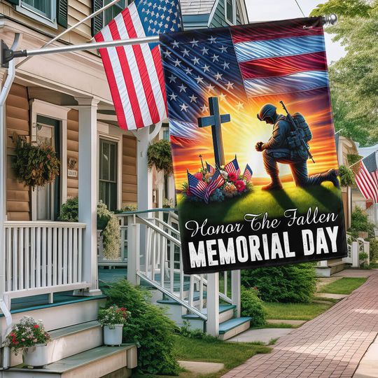 Flagwix Veteran Memorial Day Flag Honor the Fallen American Soldier Kneeling at the Cross Patriotic Veterans Day Flag