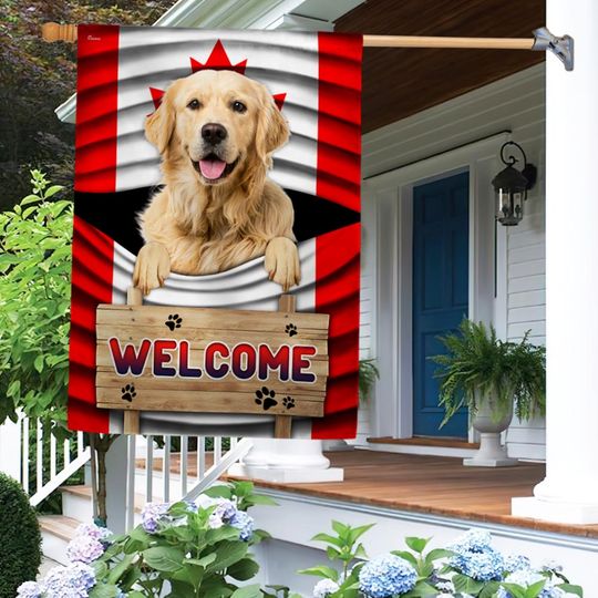 Golden Retriever Dog Welcome Canadian Flag