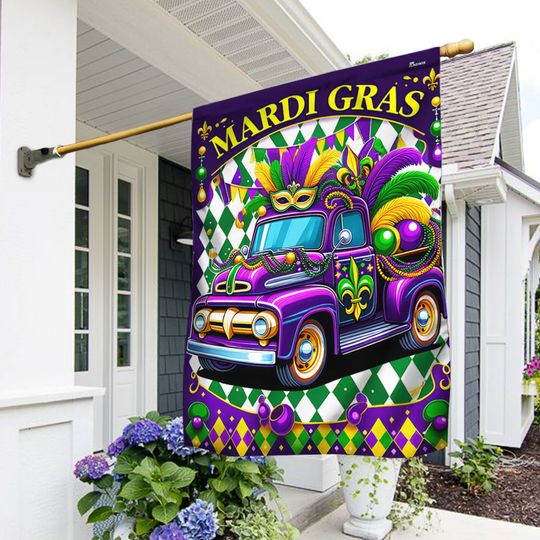 FLAGWIX  Mardi Gras Truck With Beads Mask Fleur De Lis Flag