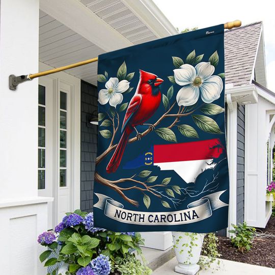 FLAGWIX  North Carolina Map Flag With Cardinal and Flowering Dogwood Flag