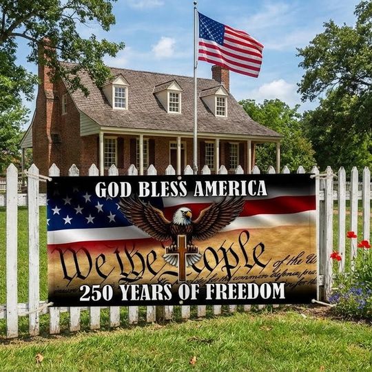 250 years of Freedom Fence Banner God Bless America Patriotic Flag