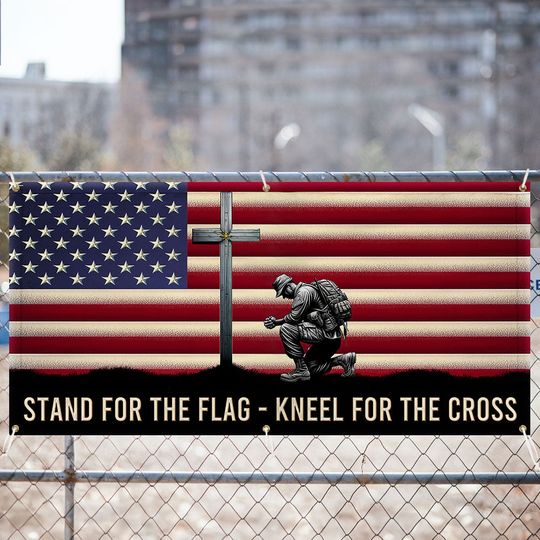 Veterans Day Flag, Veteran Kneeling Christ Cross American Fence Banner
