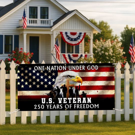 250 Years One Nation Under God Fence Banner US Veteran Outdoor Flag